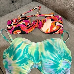 Two 34DD Bikini Tops — Turquoise Tie-Dye & Multicolor Swirl